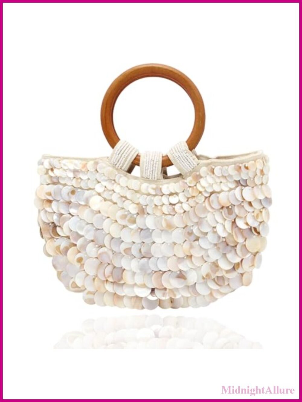 Handmade Seashell Beaded Clutch Beach Purse Wooden Circle Handle
